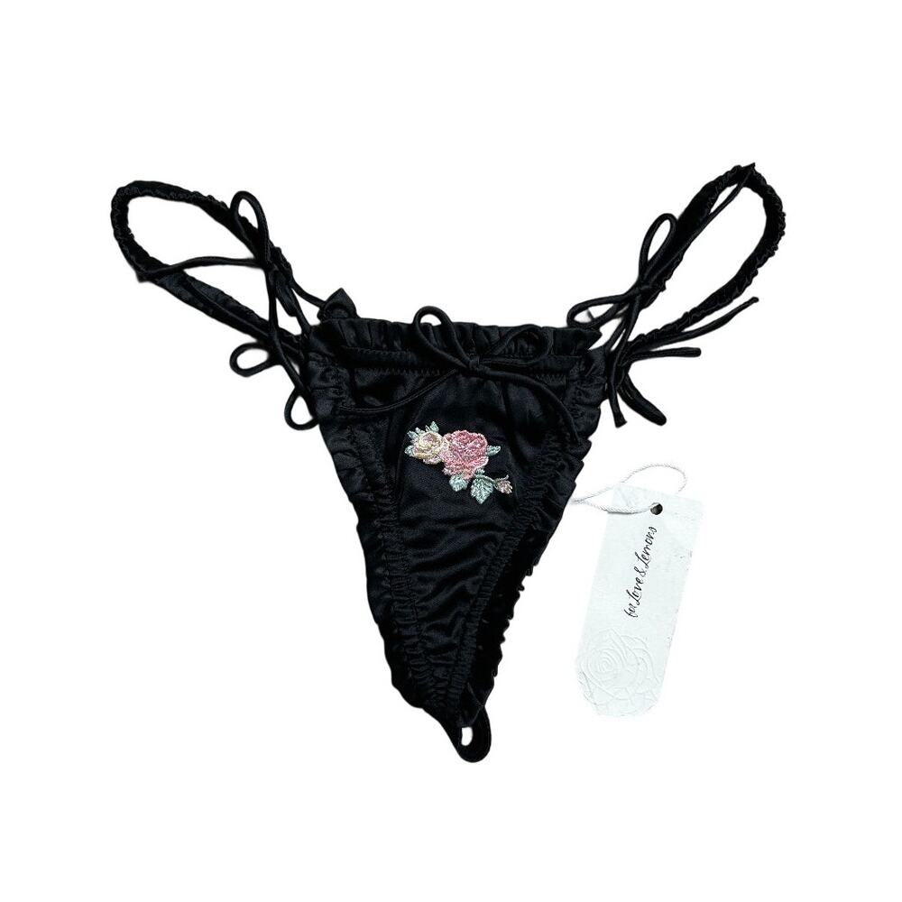 For Love and Lemons Rose Ruffle Black Thong NWT XS